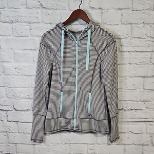 90 Degree By Reflex Gray and White Striped Hoodie with Blue Details